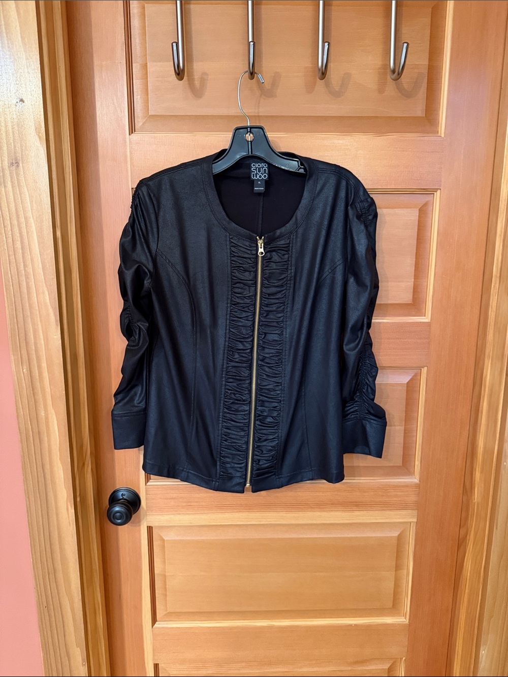 Clara Sun Woo Black Ruffle-Front Faux Leather Jacket with Gold Zipper